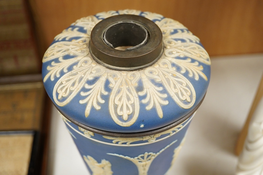 A Victorian blue Jasper oil lamp base, 37cm high. Condition - minor firing cracks to the design in places